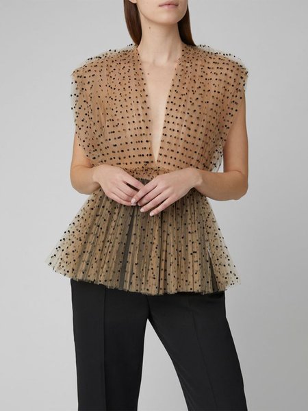 

Loose Polka Dots Elegant Sleeveless Shirt, Khaki, Blouses and Shirts