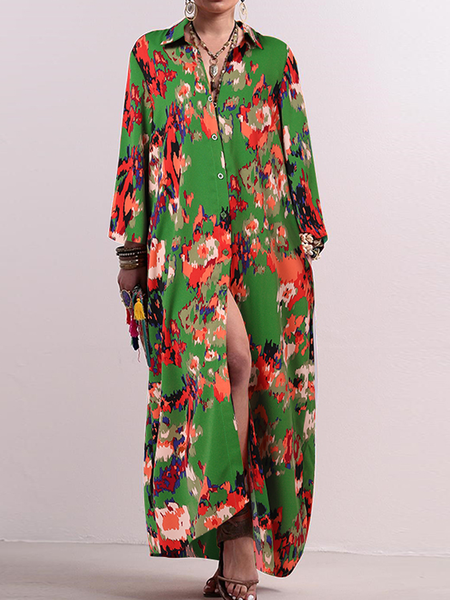 

Lightweight Shirt Collar Three Quarter Urban Loose Long Dress, Green, Maxi Dresses