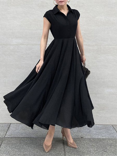 

Elegant Shirt Collar Plain Regular Fit Dress, Black, Maxi Dresses