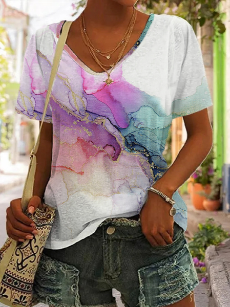 

Casual Loose V Neck Gradient Pattern T-Shirt, White, T-Shirts