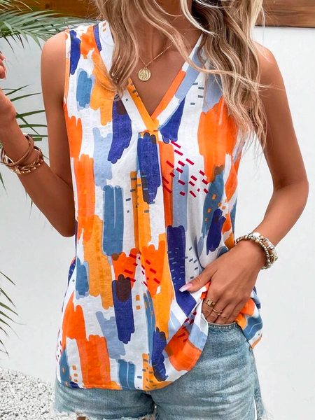 Vacation Geometric Brush Print V Neck Tank Top, Orange, Tanks & Camis