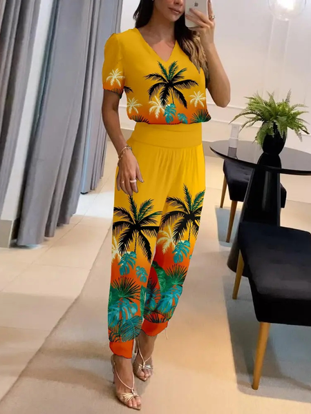 

Loose V Neck Coconut Tree Two-Piece Set, Yellow, Suit Set