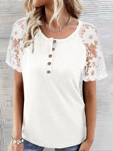

Lace Plain Casual Crew Neck Shirt, White, Shirts & Blouses