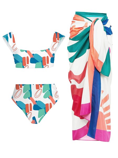 

Vacation Abstract Printing Notched Bikini With Cover Up, Multicolor, Swimsuit with Coverups