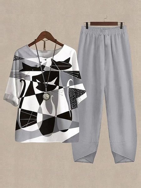 

Comfy Grey Print Cat Two Piece Set, Gray, Suit Set
