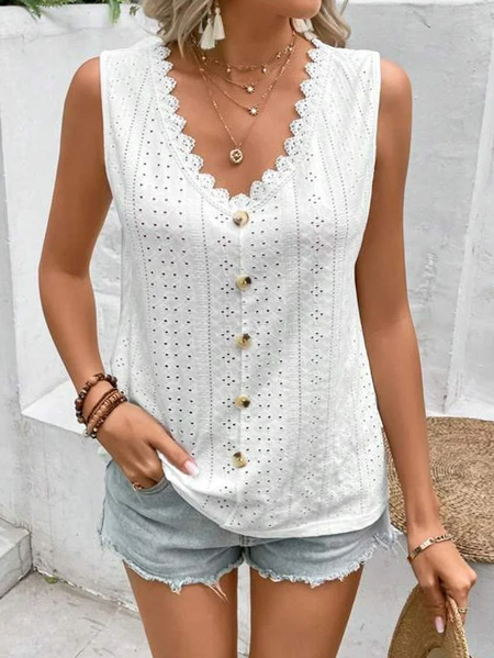 

V Neck Lace Edge Casual Tank Top, White, Tanks & Camis