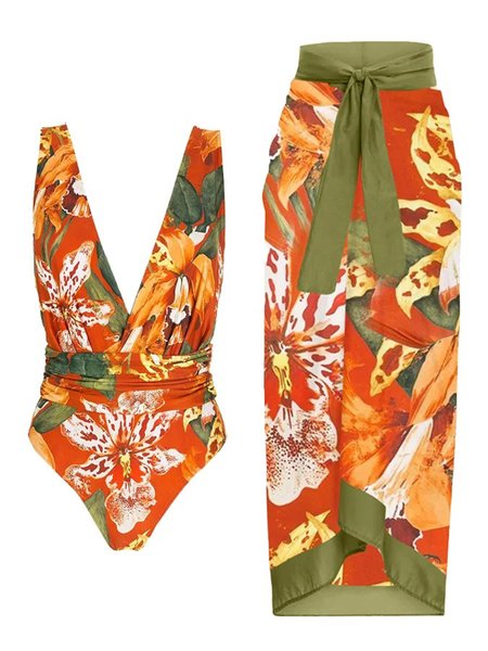

Printing Floral Vacation V Neck One Piece With Cover Up, Orange, Swimsuit with Coverups
