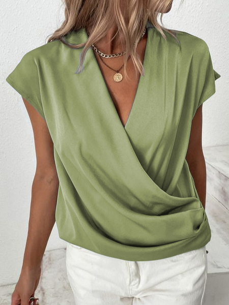 

V Neck Elegant Plain Loose Shirt, Green, Shirts & Blouses