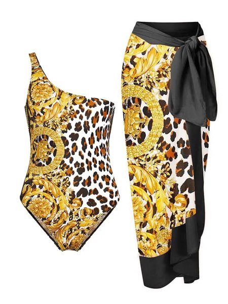 

Leopard Casual Printing One Piece With Cover Up, Yellow, Swimsuit with Coverups