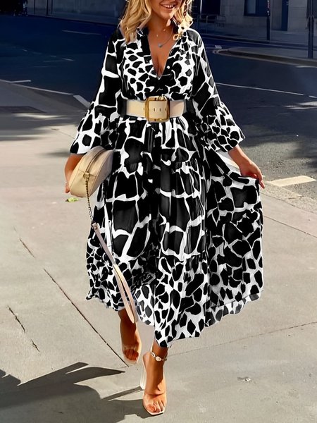 

V Neck Vacation Color Block Loose Dress, Black, Maxi Dresses