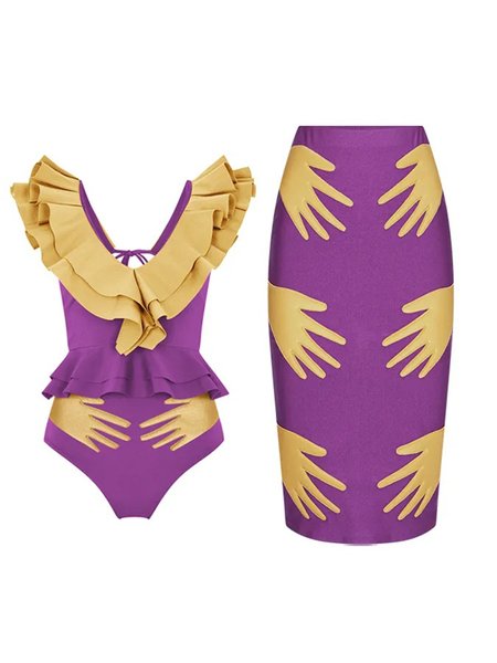 

V Neck Abstract Vacation Flouncing One Piece With Cover Up, Purple, Swimsuit with Coverups