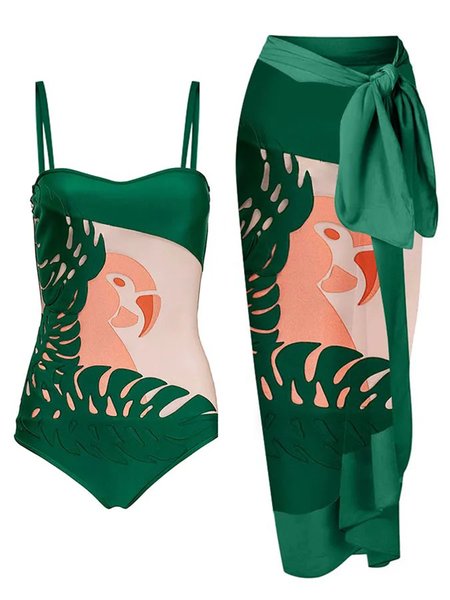 

Vacation Tropical Scoop Neck Printing One Piece With Cover Up, Green, Swimsuit with Coverups