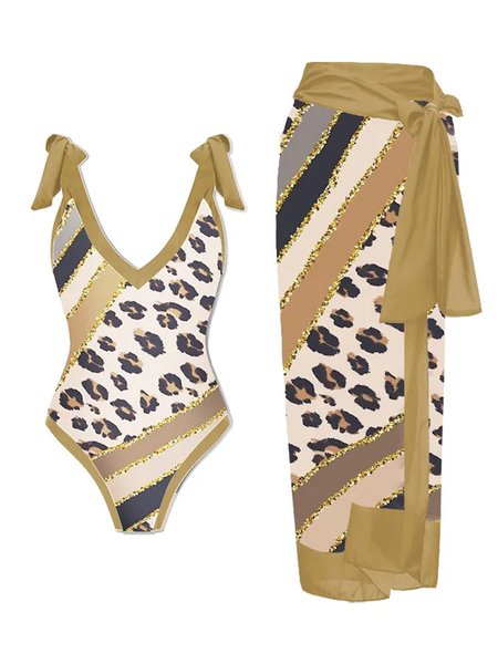 

Leopard V Neck Casual One Piece With Cover Up, Multicolor, Swimsuit with Coverups