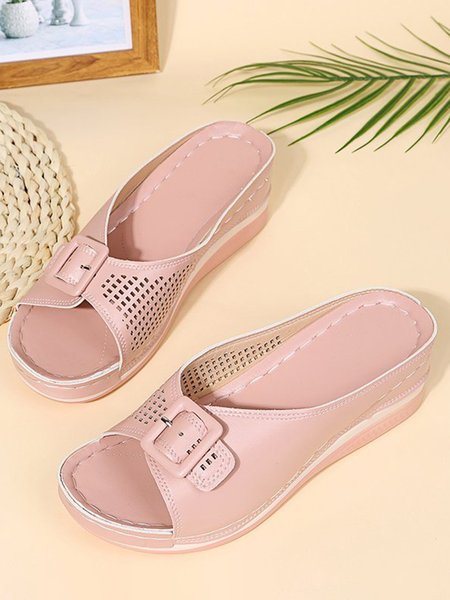 

Vintage Hollow Buckle Design Wedge Slippers, Pink, Sandals