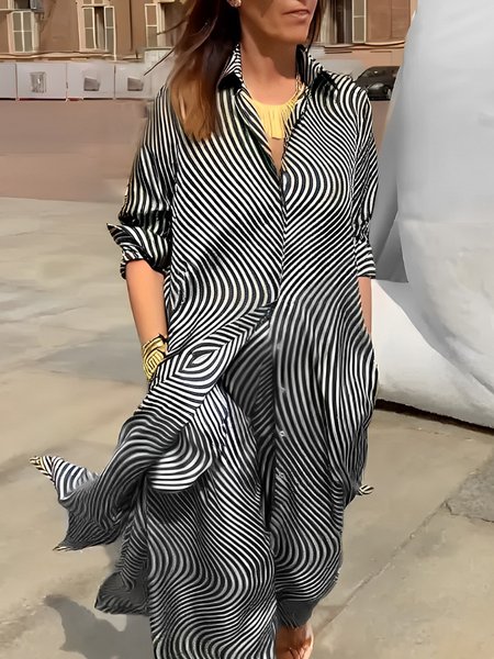 

Striped Casual Shirt Collar Long sleeve Blouse, Black-white, Blouses and Shirts