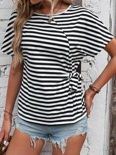 

Crew Neck Loose Plain Casual Shirt, Black-white, Shirts & Blouses