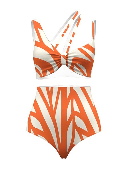 

Casual Printing Geometric V Neck Bikini, Orange, Bikini Sets