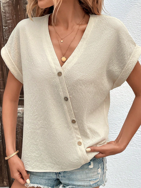 

Buckle Plain V Neck Simple Shirt, Apricot, Shirts & Blouses