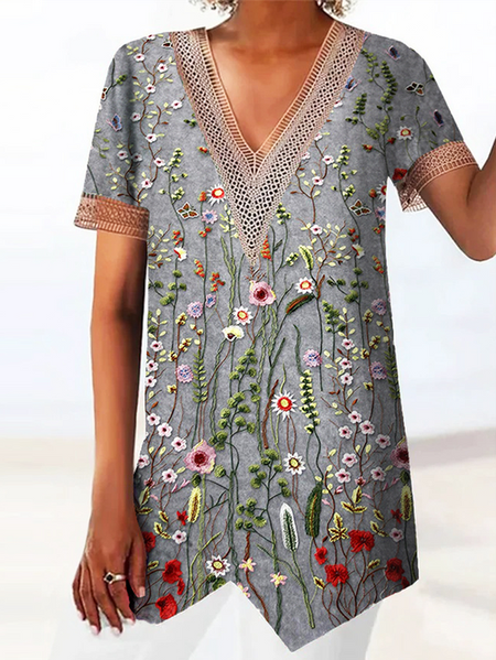 

Casual Lace V Neck Floral Shirt, Gray, Shirts & Blouses