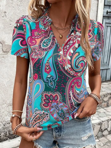 

Paisley V Neck Casual Loose Shirt, Green, Shirts & Blouses