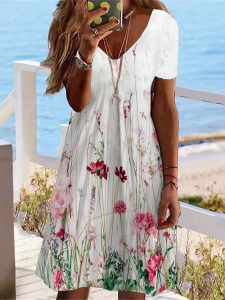 

V Neck Floral Fit Casual Dress, White, Dresses