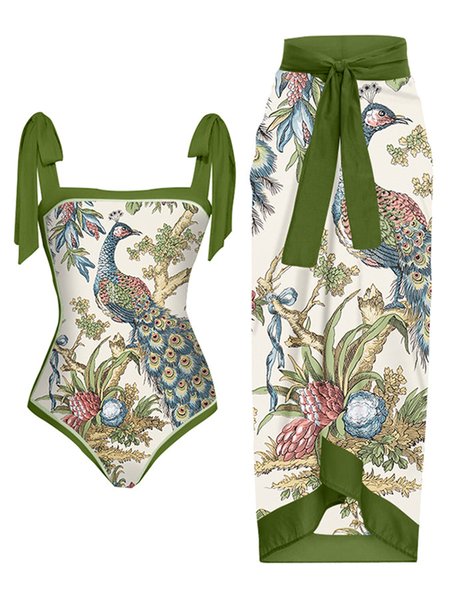 

Vacation Animal Printing Strapless One Piece With Cover Up, Green, Swimsuit with Coverups
