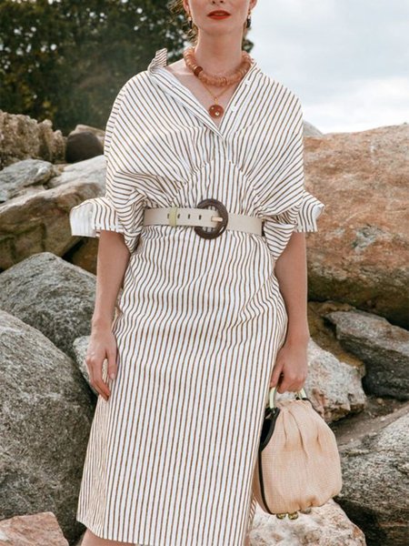 

Striped Regular Fit Shirt Collar Elegant Dress, As picture, Midi Dresses
