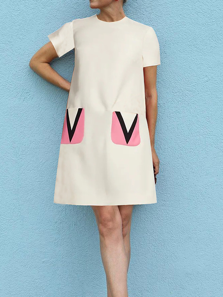 

Lightweight Crew Neck Short sleeve Loose Elegant Skirt Dress, Off white, Mini Dresses