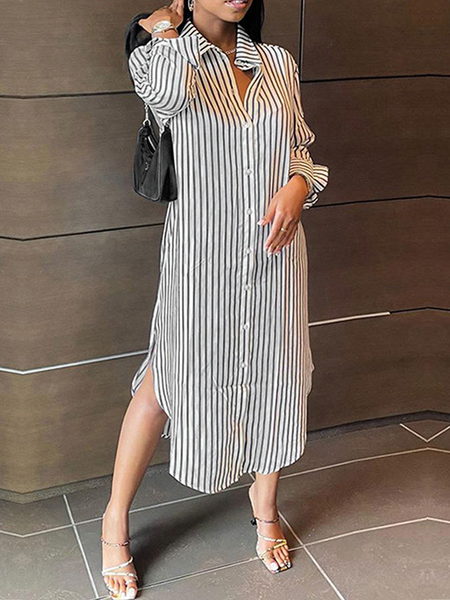 

Regular Fit Striped Long sleeve Urban Shirt Collar Midi Dress, Stripe, Midi Dresses