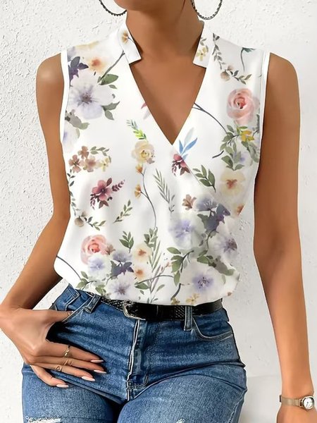 

Floral Loose Casual Tank Top, White, Tanks & Camis