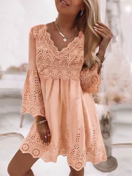 

V Neck Lace Casual Loose Dress, Apricot, Dresses
