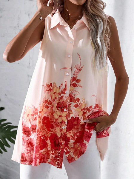 

Simple Shirt Collar Loose Floral Tank Top, Pink, Tanks & Camis