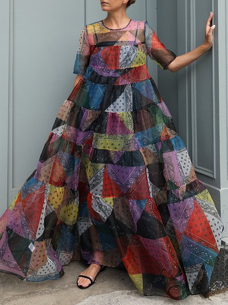 

Vacation Loose Ethnic Print Crew Neck Dress, As picture, Maxi Dresses