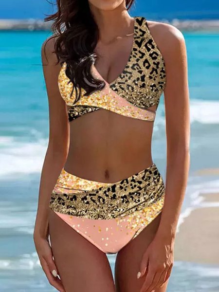 

Vacation V Neck Printing Leopard Bikini, Pink, swimwear>>Bikini Sets