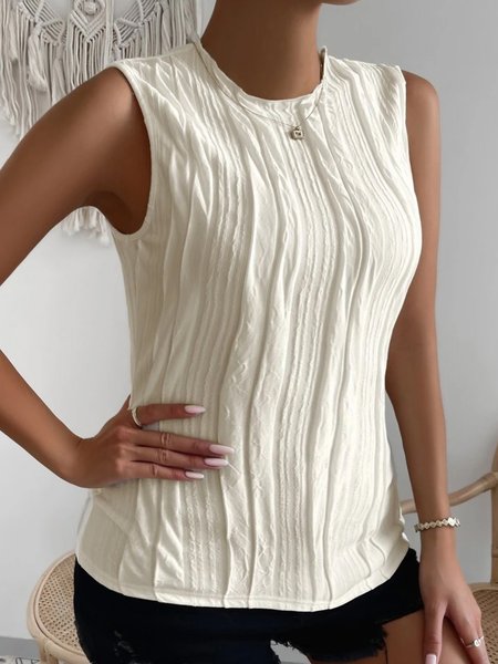 

Casual Crew Neck Slim Fit Textured Tank Top, Beige, Tanks & Camis