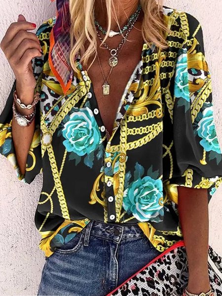 

Loose Casual Floral Lantern Sleeve Blouse, Black, Shirts & Blouses