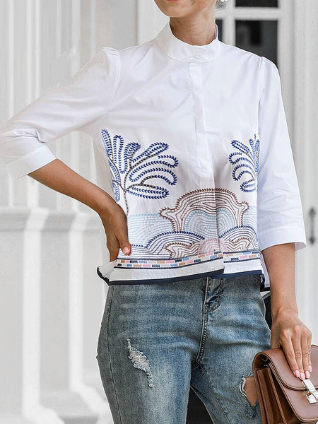 Urban Loose Stand Collar Short sleeve Abstract Blouse, White, Blouses and Shirts
