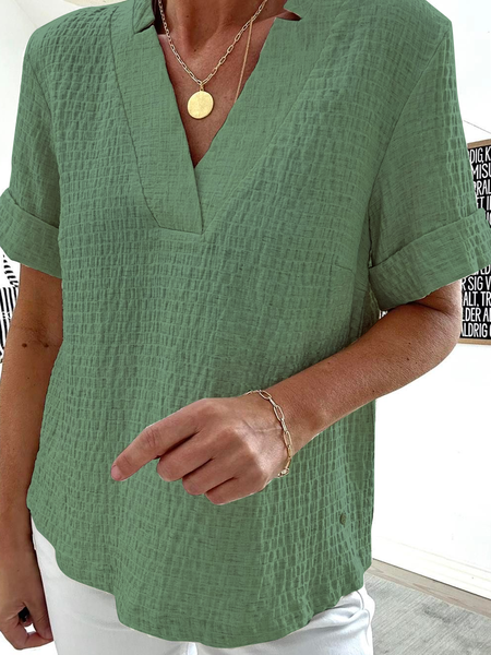 

Plain Casual Jersey V Neck Shirt, Green, Tunics