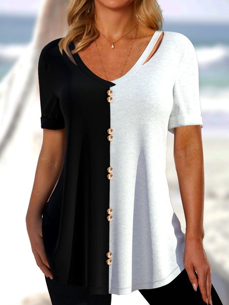 

Color Block Casual Regular Fit V Neck Shirt, Black-grey, Shirts & Blouses