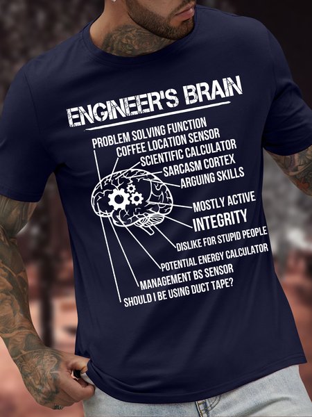 Men's Engineer's Brain Problem Solving Function Coffee Location Sensor Funny Graphic Printing Text Letters Casual Cotton T Shirt