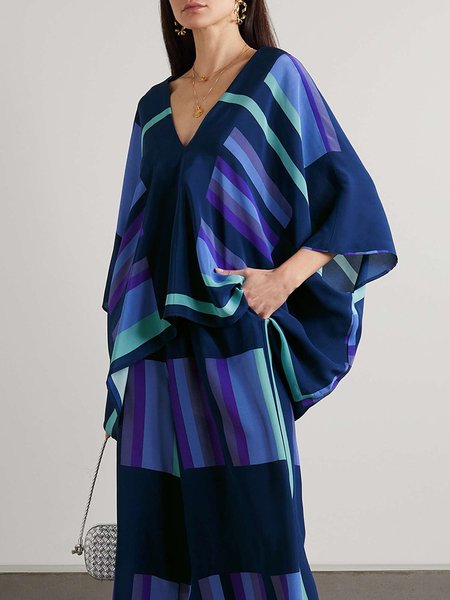 

Geometric Vacation V Neck Loose Shirt, Blue, Blouses and Shirts