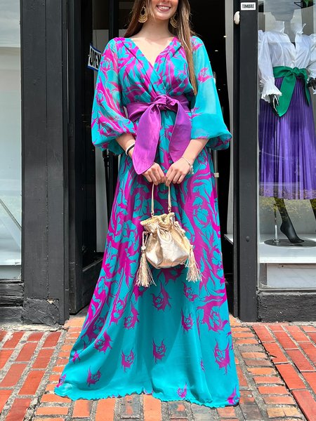 

Elegant Random Print V Neck Loose Dress, Blue, Maxi Dresses