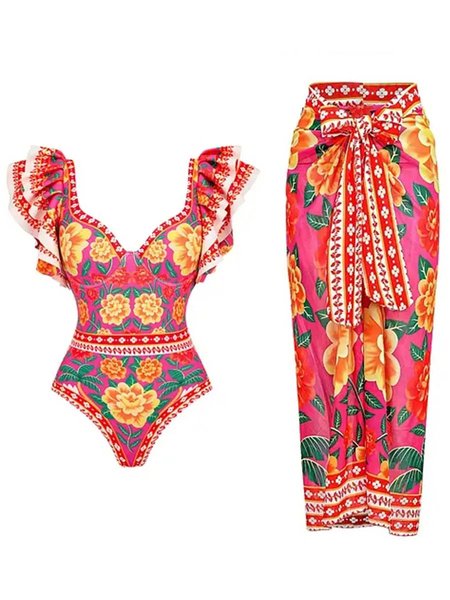 

V Neck Vacation Floral One Piece With Cover Up, Red, Swimsuit with Coverups
