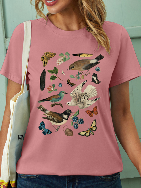 

Women’s Bird Butterfly Casual Crew Neck T-Shirt, Pink, T-shirts
