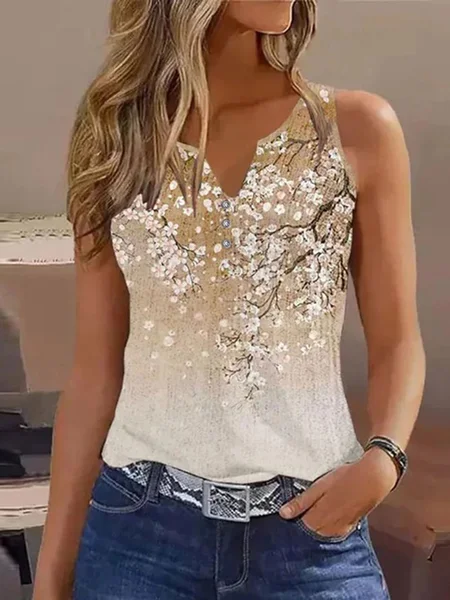 

Floral Casual Notched Buckle Loose Tank Top, Khaki, Tanks & Camis
