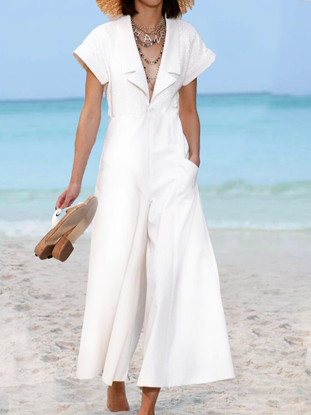 

Lapel Collar Urban Jersey Plain Jumpsuit, White, Jumpsuits＆Rompers