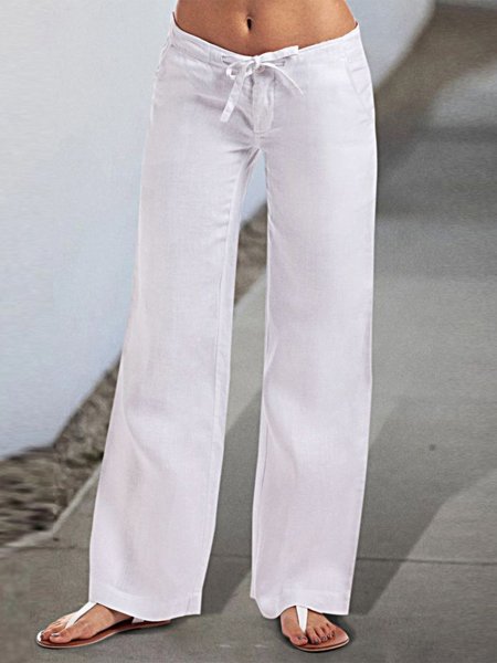 

Linen Loose Cotton Flap Pocket Drawstring Wide Leg Pants, White, Pants