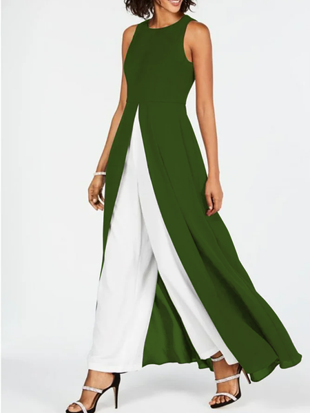 

Contrast Black Round Neck Sleeveless Jumpsuit, Green, Jumpsuits＆Rompers