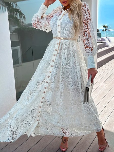 

Vacation Plain Long Sleeve Maxi Dress, White, Maxi Dresses