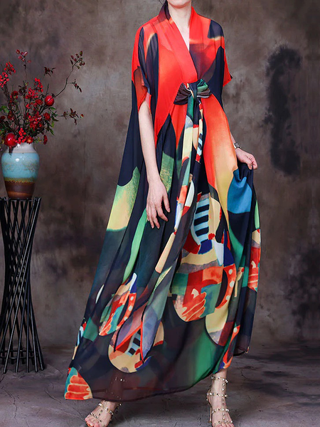 

Vacation Loose Abstract V Neck Short sleeve Long Dress, As picture, Maxi Dresses